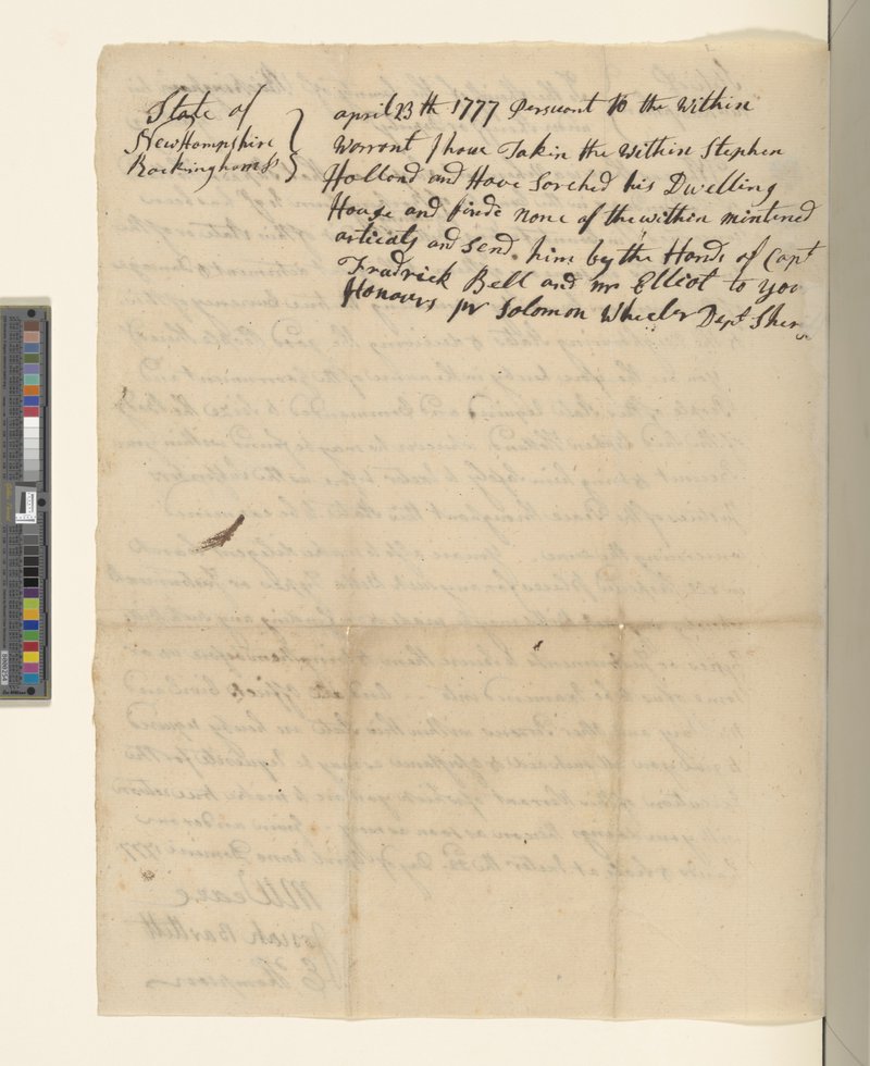 Return by Deputy Sheriff Solomon Wheeler, 23 April 1777 (Morgan Library MA 552.10, verso)