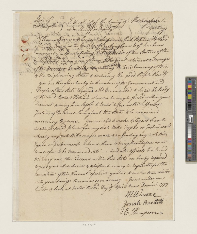 Counterfeiting warrant, State of New Hampshire, 22 April 1777 (Morgan Library MA 552.10, front)